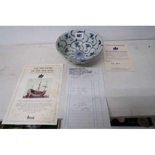 481 - A Chinese lotus bowl from the Tek Sing ship wreck with a receipt from Cambridge Fine Art for £120 in... 