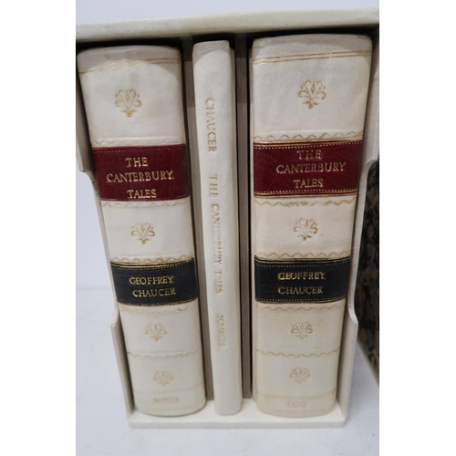 503 - A set of three leather bound books The Canterbury Tales by Geoffrey Chaucer, A General History of Qu... 