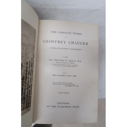 503 - A set of three leather bound books The Canterbury Tales by Geoffrey Chaucer, A General History of Qu... 