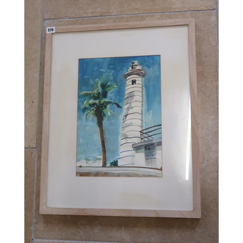 576 - A watercolour of a lighthouse and palm tree on the seafront - possibly signed John miller 96' - fram... 