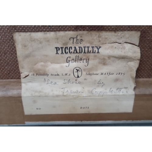 577A - Trewin Copplestone - Oil on board - Sea Shore - with a Piccadilly label verso - 48cm x 27cm