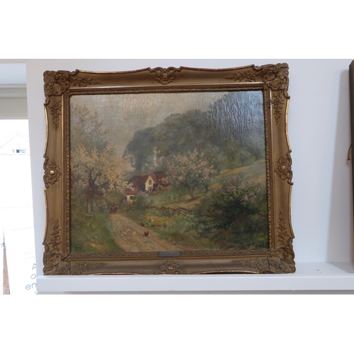 580 - An oil on canvas of a landscape with a cottage and chickens, horse and cart - indistinctly signed, i... 