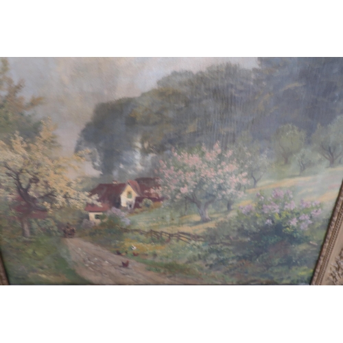 580 - An oil on canvas of a landscape with a cottage and chickens, horse and cart - indistinctly signed, i... 