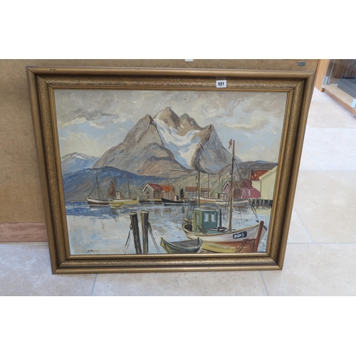 581 - D Hofland - Oil on Panel of Bergan Mountains and Fishing Boats - 85cm x 72cm - in good condition