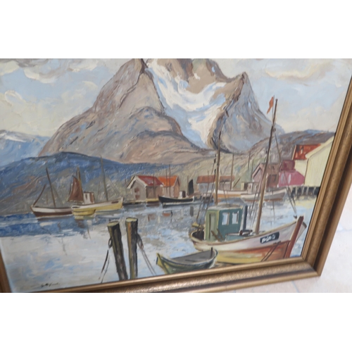 581 - D Hofland - Oil on Panel of Bergan Mountains and Fishing Boats - 85cm x 72cm - in good condition