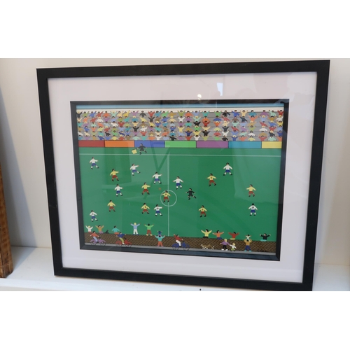 584 - A oil painting by G Baker - Children Playing Football - framed, in new condition - 53cm x 44cm