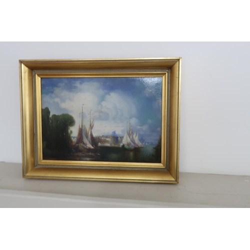 585 - A. Piper - Oil painting of masted ships in a gilt frame - 37cm x 28cm