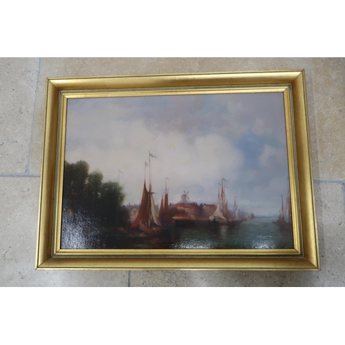 586 - A. Piper - Oil painting windmill in the background in a gilt frame - 57cm x 42cm