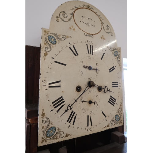 612 - An 8 day longcase clock with a painted arched dial signed Wilson, Cambridge with calendar and second... 