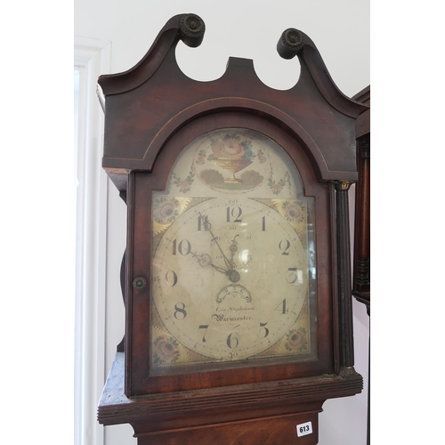 613 - A 30 hour longcase clock with a painted dial in a mahogany case with its weight and pendulum signed ... 