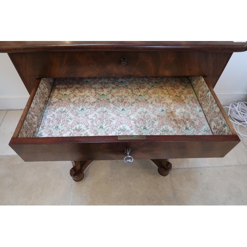 636 - A 19th century flame mahogany ladies sewing table with a rising top over drawers - in good condition... 