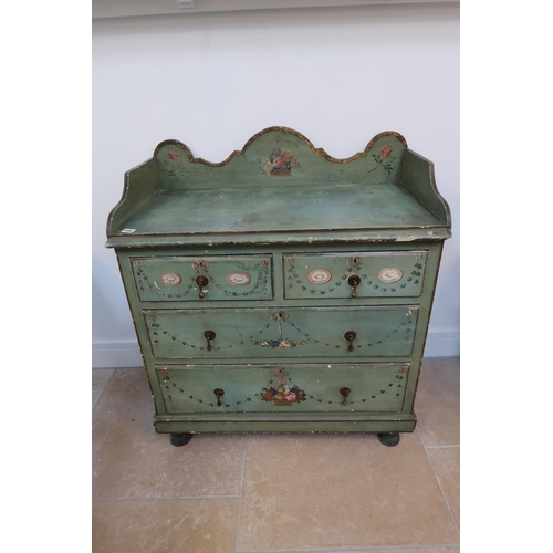 646 - A 19th century painted and decorated pine four drawer chest of drawers - Width 90cm x Height 85cm