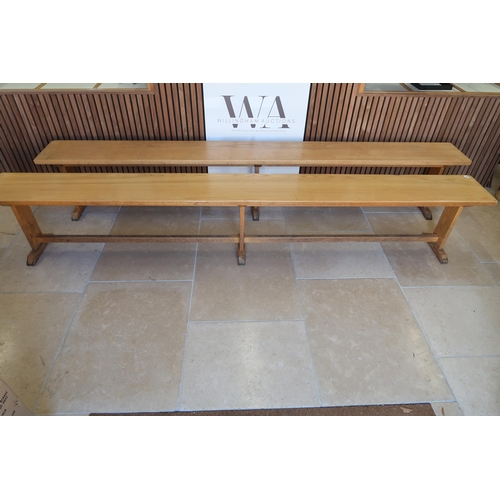 651 - A pair of oak hall benches from The Leys School dining hall - Length 280cm x Height 47cm