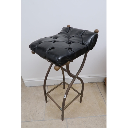 653 - A metal framed high stool with black button cushion seat - Height 89cm x Depth 49cm x Width 34cm - i... 