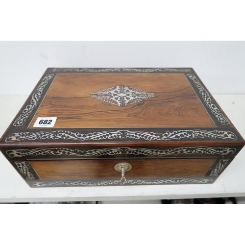 682 - A 19th century rosewood writing box with mother of pearl inlay