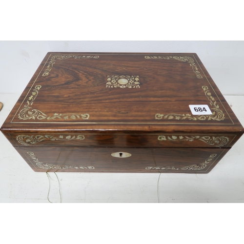 684 - A 19th century rosewood and inlaid writing box with two inkwells - Width 35cm - good condition