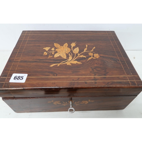 685 - A 19th century rosewood and inlaid games box with cards and games