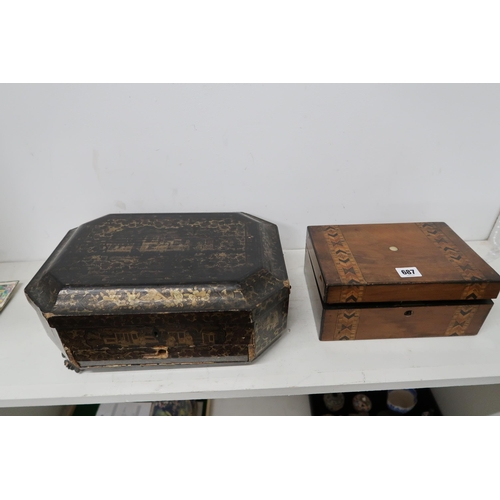 687 - A 19th century walnut and inlaid jewellery box - width 25cm - and a Chinese lacquered games box - fo... 