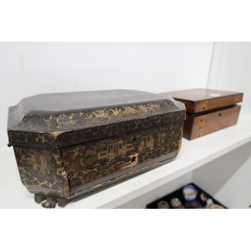 687 - A 19th century walnut and inlaid jewellery box - width 25cm - and a Chinese lacquered games box - fo... 