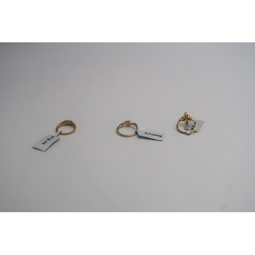 82 - Three 9ct gold diamond rings. To include a cluster crossover ring. Stated weight 0.25cts. Size M. A ... 