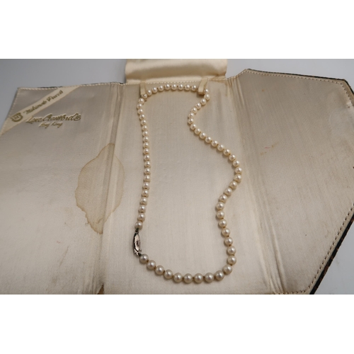 88 - A necklet string of Mikimoto cultured pearls, farmed in Japan with a marked 835 silver clasp - appro... 