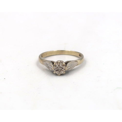 143 - A 9ct yellow gold hallmarked solitaire ring with small illusion set diamond in white gold - ring siz... 