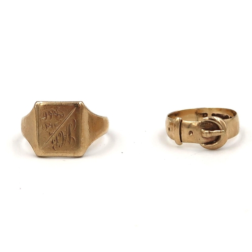 147 - Two 9ct yellow gold hallmarked rings - one a signet with engraved mono to shoulder, ring size S/T - ... 