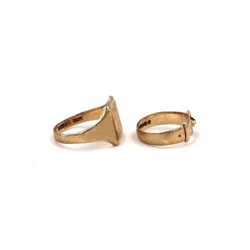 147 - Two 9ct yellow gold hallmarked rings - one a signet with engraved mono to shoulder, ring size S/T - ... 