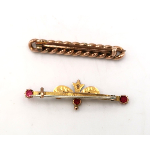 203 - A 9ct marked bar brooch and another set with seed pearls - total weight approx 4.3 grams