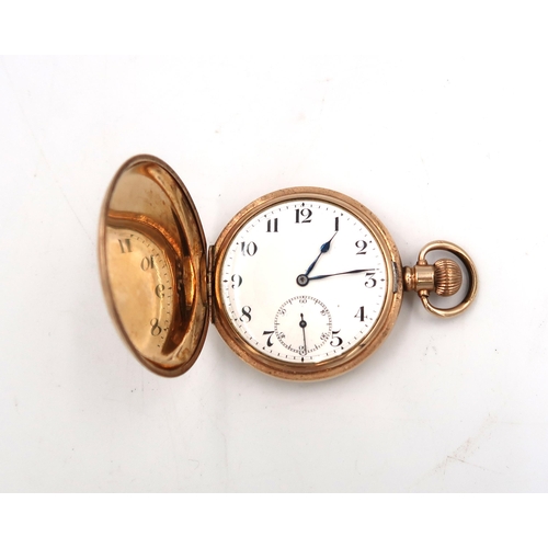 261 - An Al. Denison gold plated full hunter pocket watch with Arabic numerals to white enamel dial with s... 