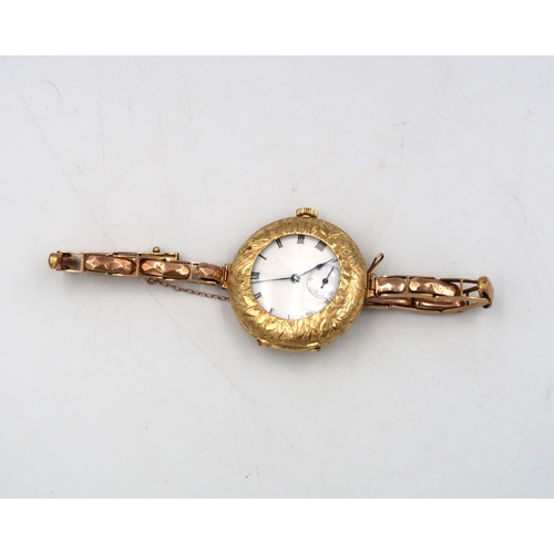 262 - An 18ct hallmarked yellow gold ladies half hunter watch with Roman numerals to white enamel dial wit... 