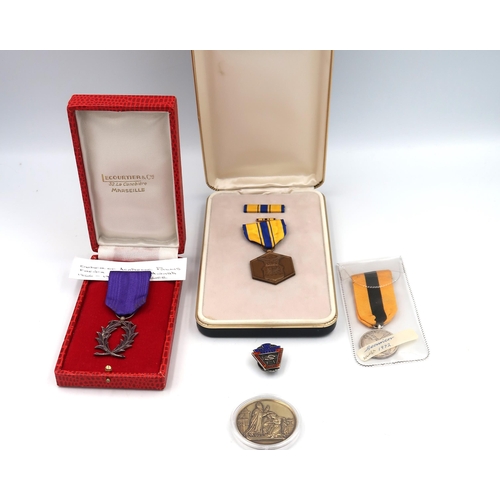 525 - A Military merit medal, a silver French academic medal and a Securicor medal, a silver gilt wedding ... 