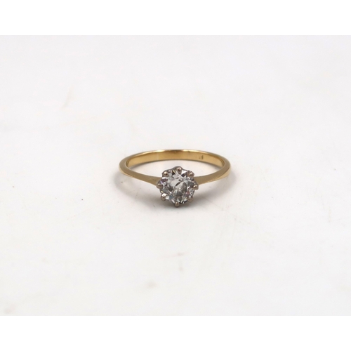 216 - A transitional cut diamond solitaire ring. Estimated 0.90ct H/I colour,  I 1/2 clarity. Tested gold ... 