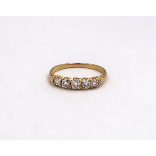 218 - An old cut diamond graduated five stone ring. Estimated total weight 0.70ct. Estimated F/G colour VS... 