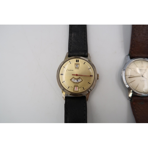 279 - An Endura gents wristwatch on leather strap, gold plated case with gold coloured dial, baton markers... 