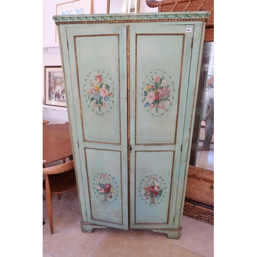 647 - A painted and decorated corner hall cupboard - 185cm x 100cm