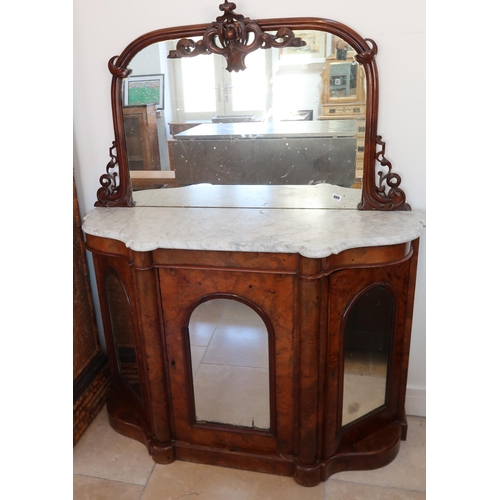 689 - A 19th century burr walnut side cabinet with a marble top - Width 120cm x Height 150cm