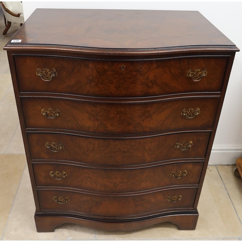 696 - A 20th century serpentine walnut five drawer chest, bares a label for Cameo Furniture - Width 78cm x... 