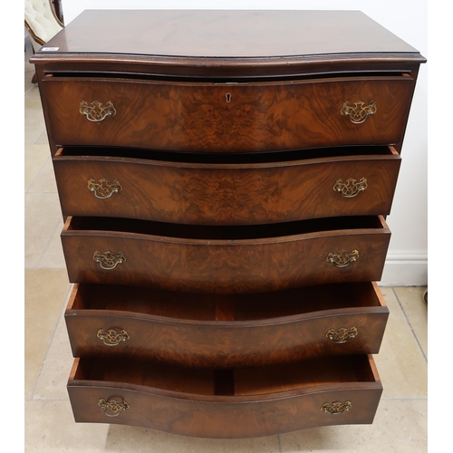 696 - A 20th century serpentine walnut five drawer chest, bares a label for Cameo Furniture - Width 78cm x... 