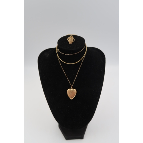 152 - A marked 9ct gold necklace - 46cm in length with a heart shaped plated locket and a marked 9ct brace... 