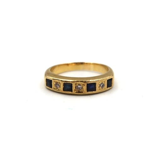 212 - A stamped 18k gold dress ring with alternate diamonds and sapphires to shoulder - ring size P/Q - ap... 