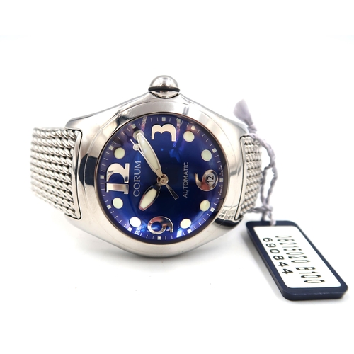 272 - A Corum Bubble 163.150.20 mens watch in stainless steel case - 4cm across bezel with blue enamel dia... 