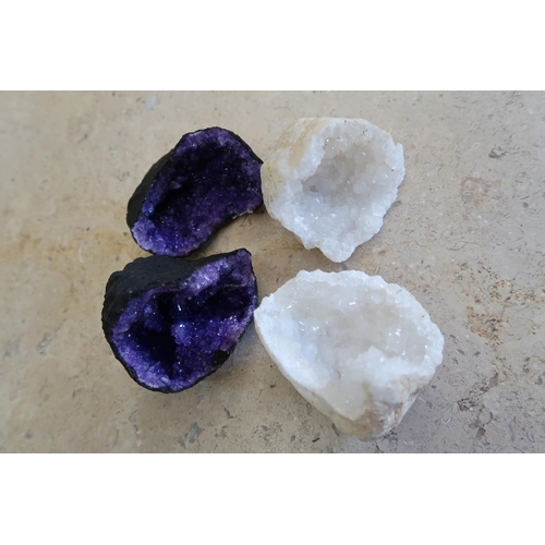 463 - Four secondary geological formations or Geodes, two purple quartz and two clear quartz, condition- B... 