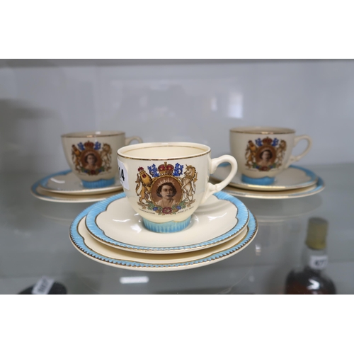 514 - Three trio's of Clarice Cliff ER11 Coronation Ware - Cup, Saucer and Plate