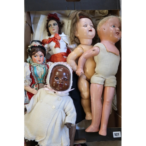 521 - A German composition doll with four other composition dolls - two wooden and one fabric example, dol... 