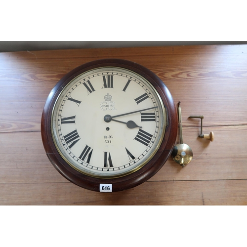 616 - A mahogany cased wall clock circa Edward VIII for The Royal Navy by Alliot - The white enamelled dia... 