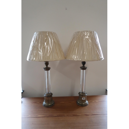 702 - A pair of modern table lamps, metal base with glass columns with shades - Height 72cm