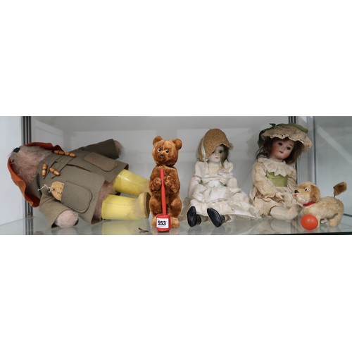 553 - Two vintage dolls and a clockwork bear and dog - both working and a Paddington Bear