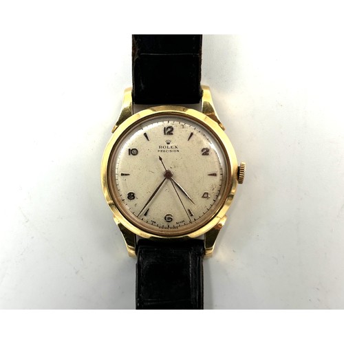 255 - A 9ct yellow gold cased vintage Rolex Precision wristwatch, Arabic numerals at 12, 2, 4, 6, 8 with b... 