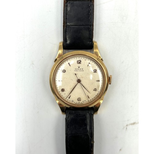 255 - A 9ct yellow gold cased vintage Rolex Precision wristwatch, Arabic numerals at 12, 2, 4, 6, 8 with b... 